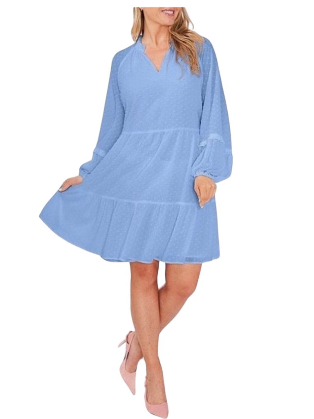 CeCe Split Neck Long Sleeve Mini Blue Balloon Babydoll Dress Size Small